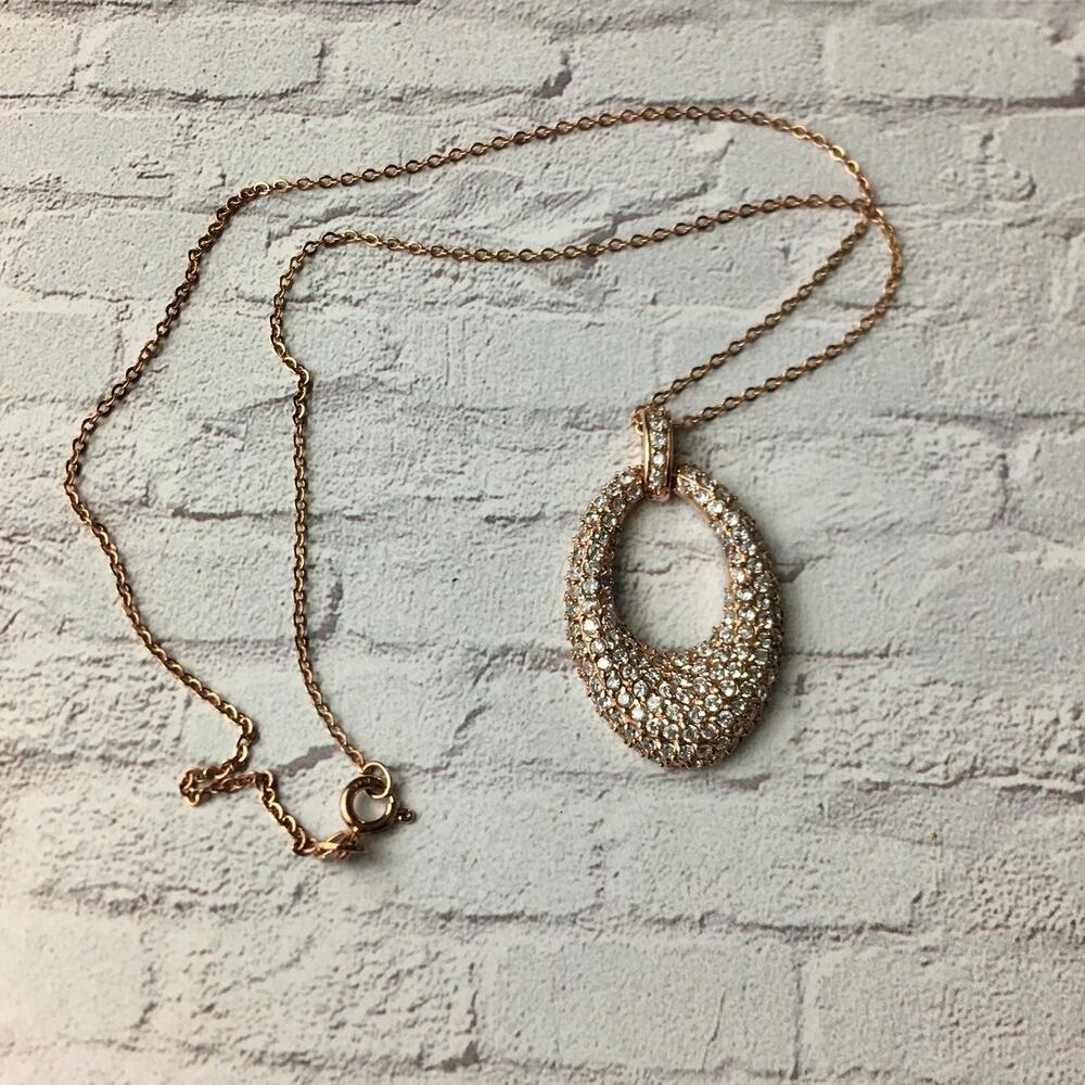 Rose Gold Tone Pave CZ Open Oval Pendant Necklace Sterling Silver